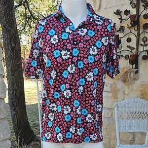 BAD BIRDIE Vibrant Multicolor Floral Performance Golf Polo Shirt Size M